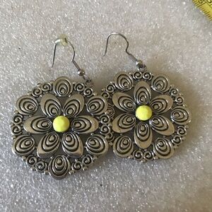 Silver Floral Filigree Drop Earrings with Yellow Accent